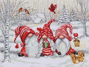 Three Gnomes In Wood - Christmas Cross Stitch Kit 1 Three Gnomes In Wood - Christmas Cross Stitch Kit